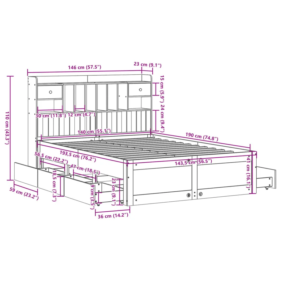 Lit bibliothèque sans matelas blanc 140x190 cm bois pin massif - 15
