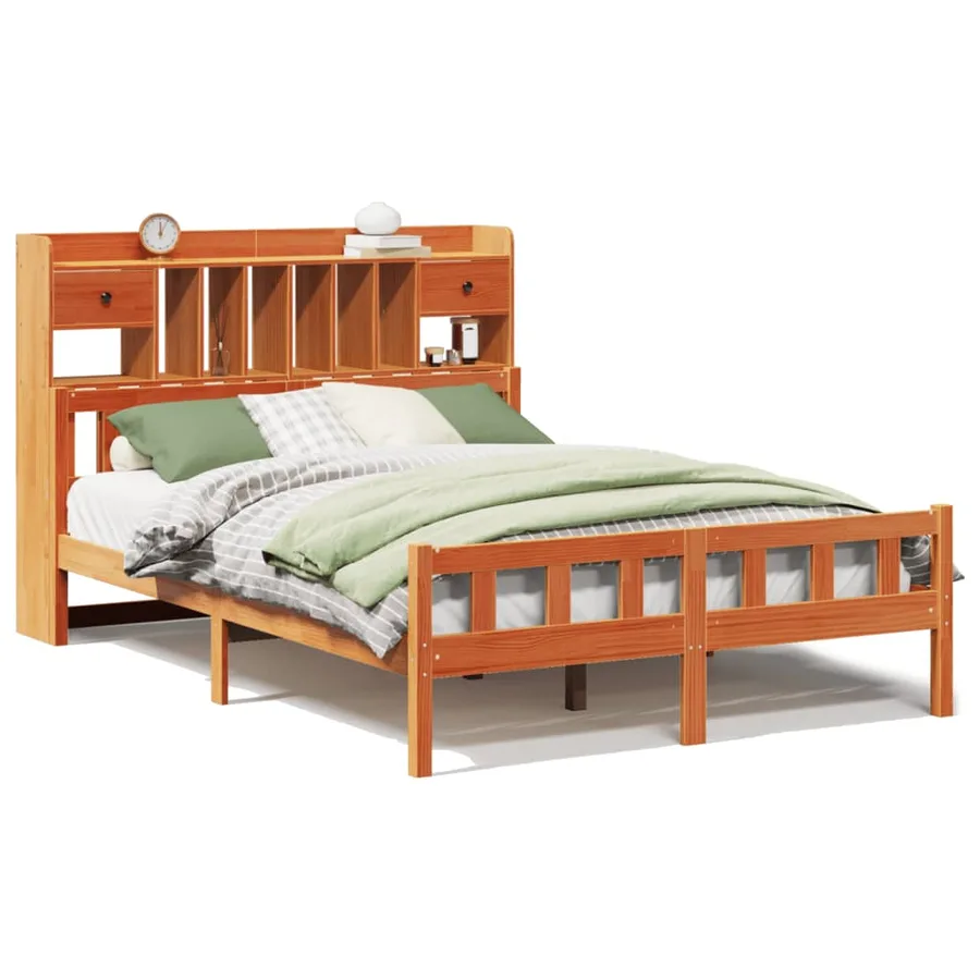 Lit bibliothèque sans matelas cire marron 160x200 cm pin massif - 2