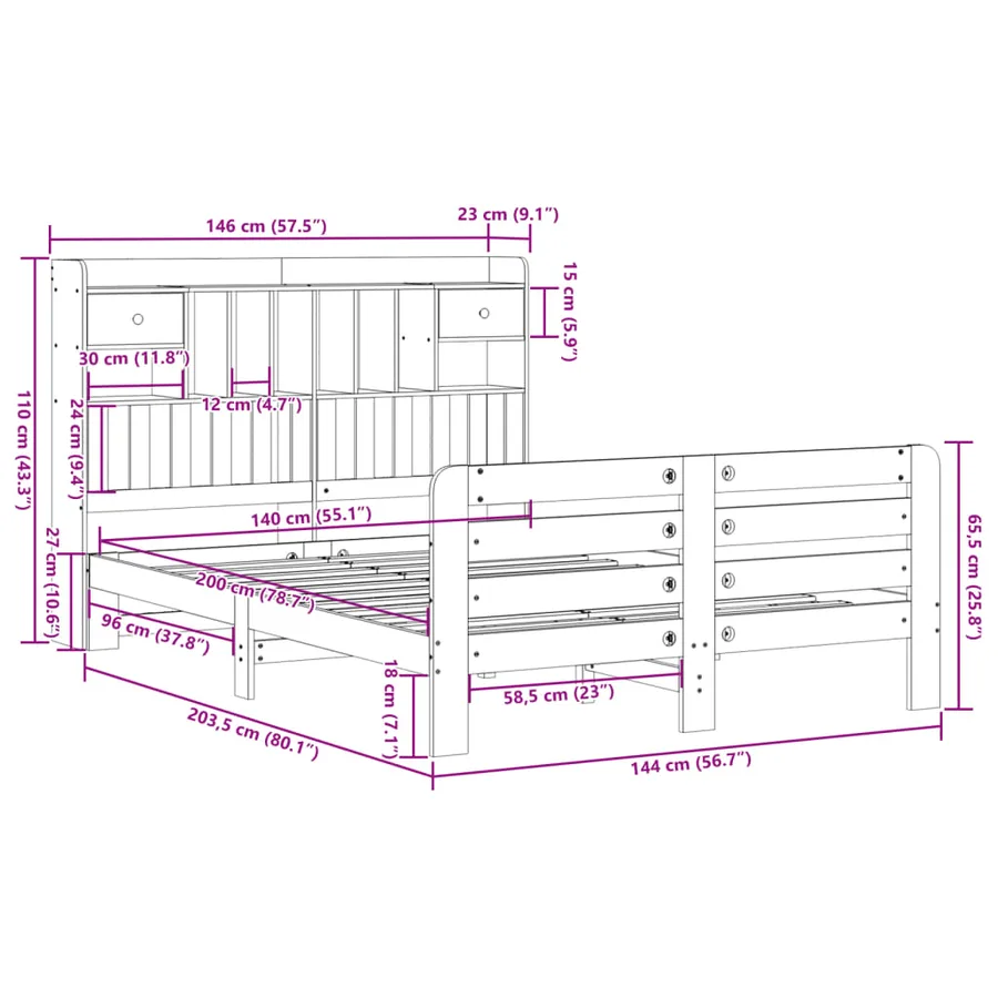 Lit bibliothèque sans matelas blanc 140x200 cm bois pin massif - 11