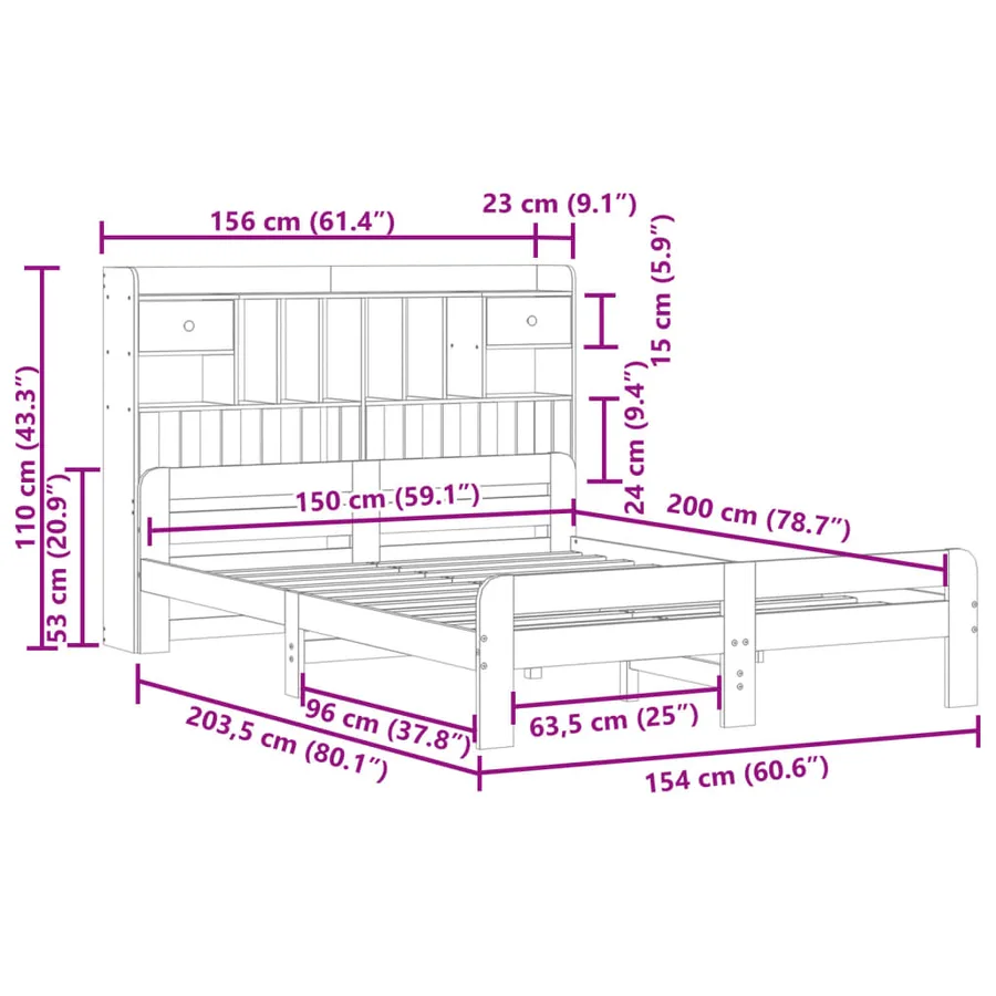 Lit bibliothèque sans matelas cire marron 150x200 cm pin massif - 11
