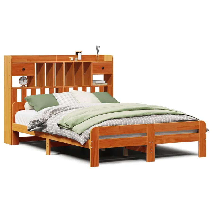 Lit bibliothèque sans matelas cire marron 150x200 cm pin massif - 2