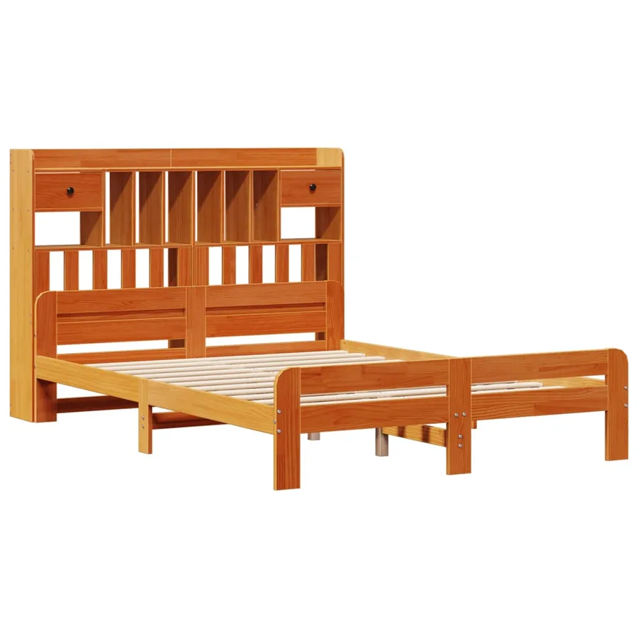 Lit bibliothèque sans matelas cire marron 150x200 cm pin massif - 3