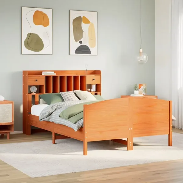 Lit bibliothèque sans matelas cire marron 150x200 cm pin massif