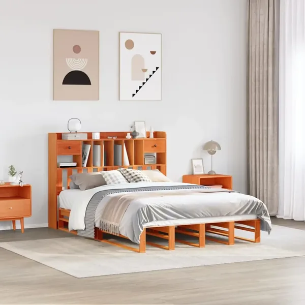 Lit bibliothèque sans matelas cire marron 140x200 cm pin massif