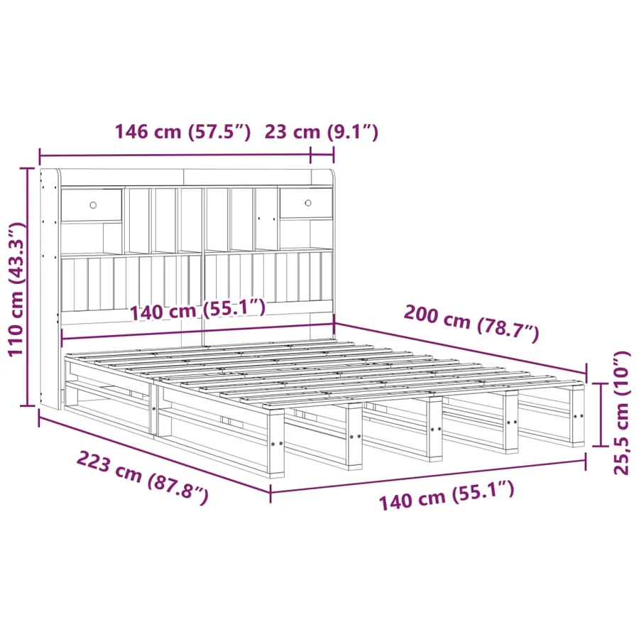 Lit bibliothèque sans matelas cire marron 140x200 cm pin massif - 12