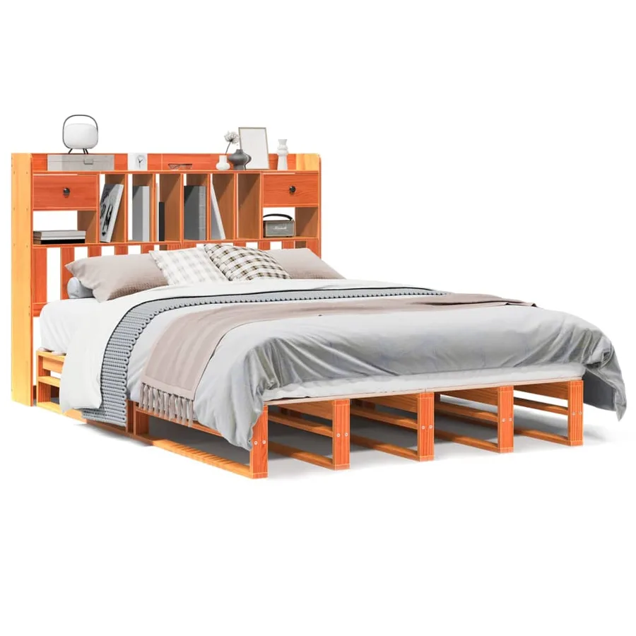 Lit bibliothèque sans matelas cire marron 140x200 cm pin massif - 2