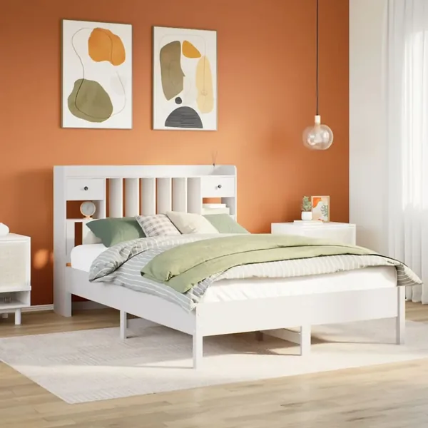 Lit bibliothèque sans matelas blanc 135x190 cm bois pin massif