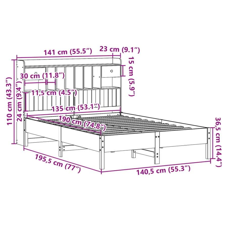Lit bibliothèque sans matelas blanc 135x190 cm bois pin massif - 11