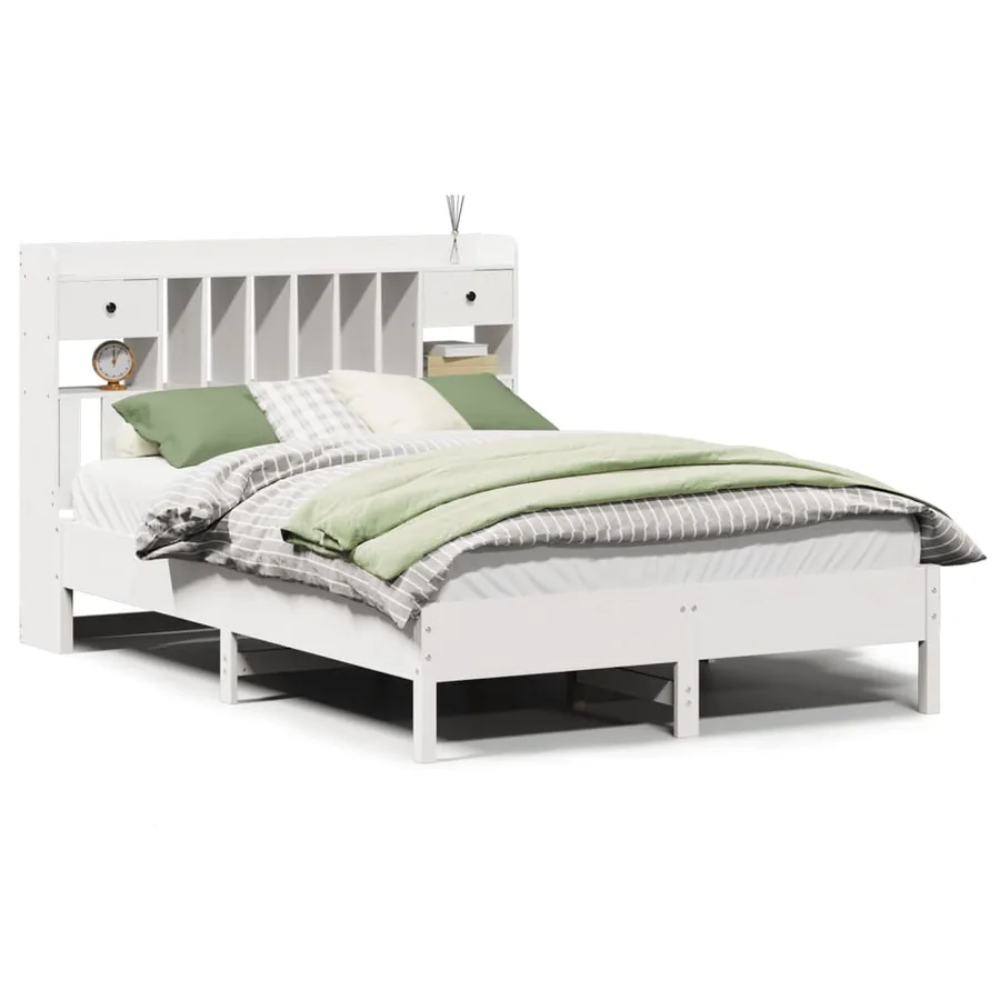 Lit bibliothèque sans matelas blanc 135x190 cm bois pin massif - 2