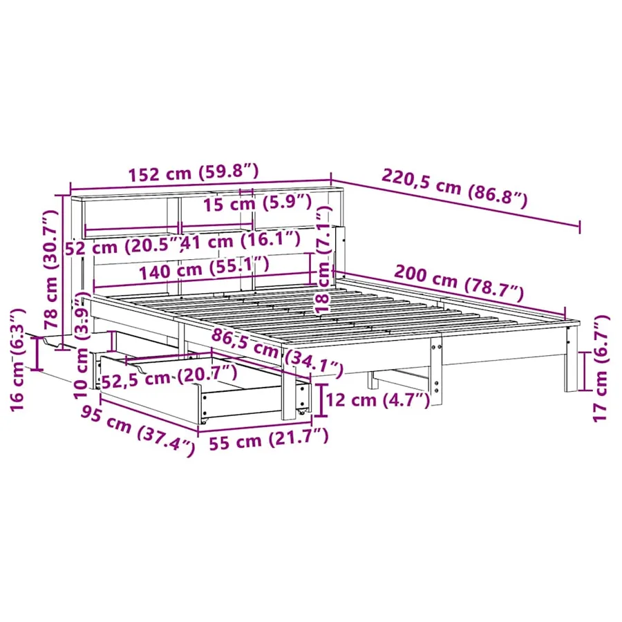 Lit bibliothèque sans matelas cire marron 140x200 cm pin massif - 12
