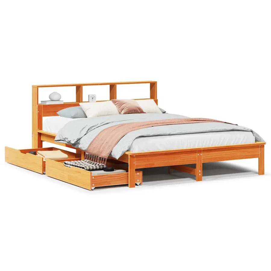 Lit bibliothèque sans matelas cire marron 140x200 cm pin massif - 2