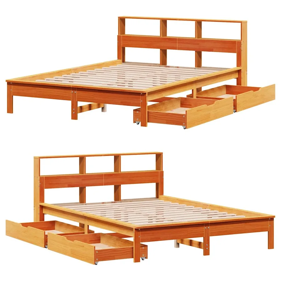 Lit bibliothèque sans matelas cire marron 140x200 cm pin massif - 9