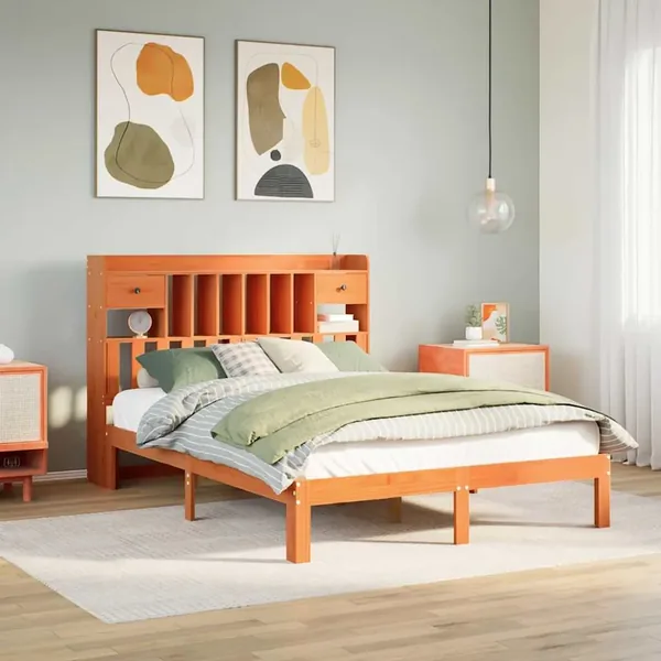 Lit bibliothèque sans matelas cire marron 135x190 cm pin massif