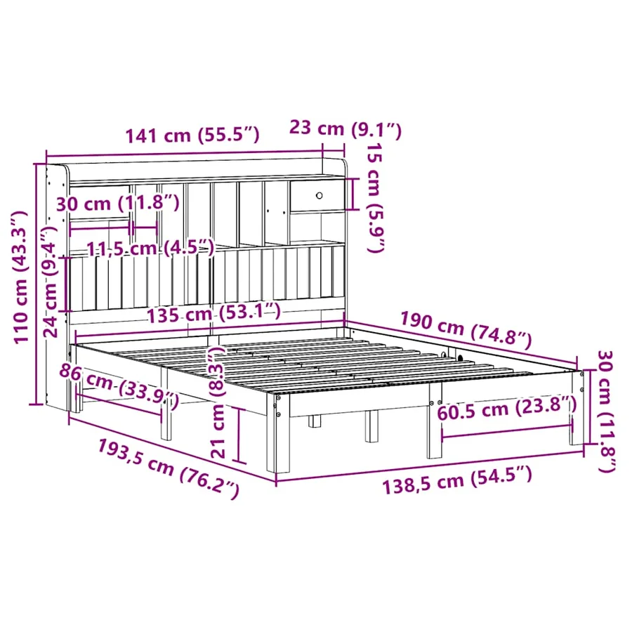 Lit bibliothèque sans matelas cire marron 135x190 cm pin massif - 11