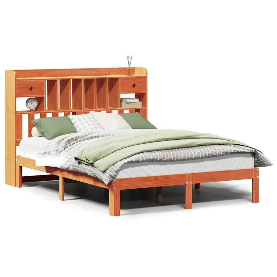 Lit bibliothèque sans matelas cire marron 135x190 cm pin massif - 2