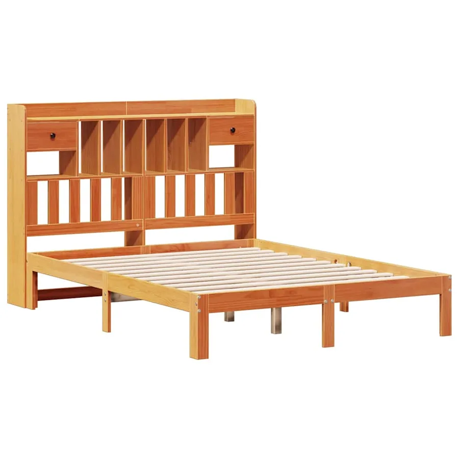 Lit bibliothèque sans matelas cire marron 135x190 cm pin massif - 3