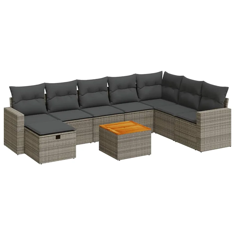 Salon de jardin 9 pcs avec coussins gris résine tressée - 2
