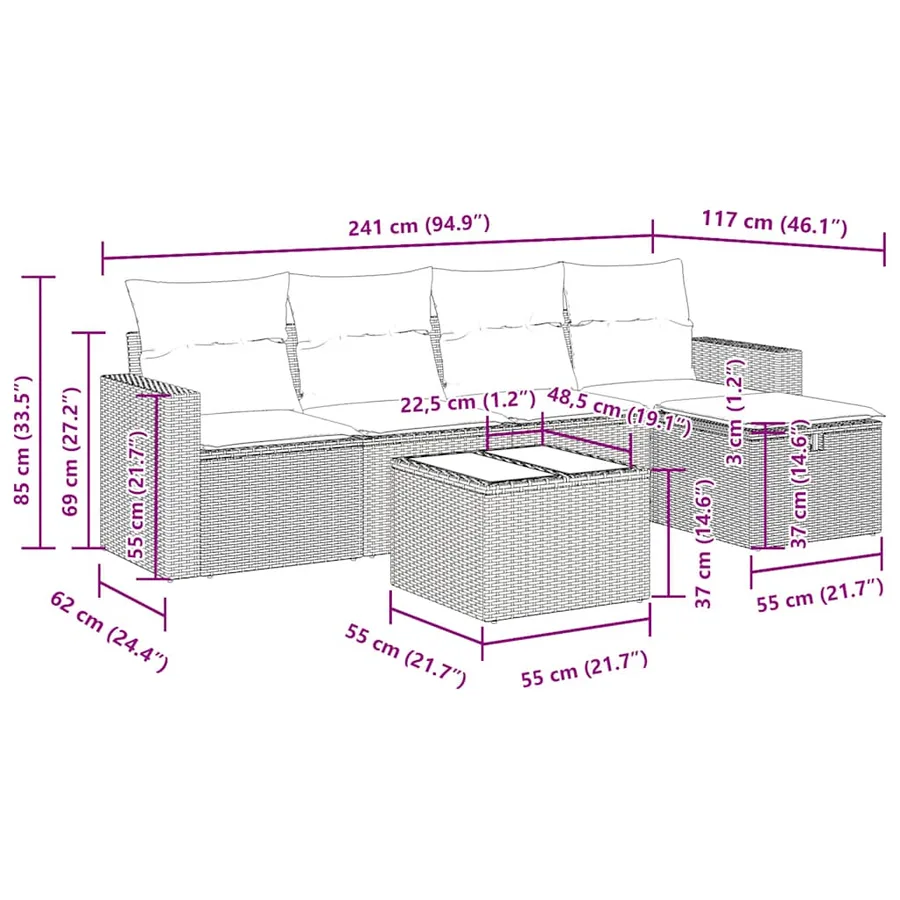 Salon de jardin 6 pcs avec coussins gris résine tressée - 13