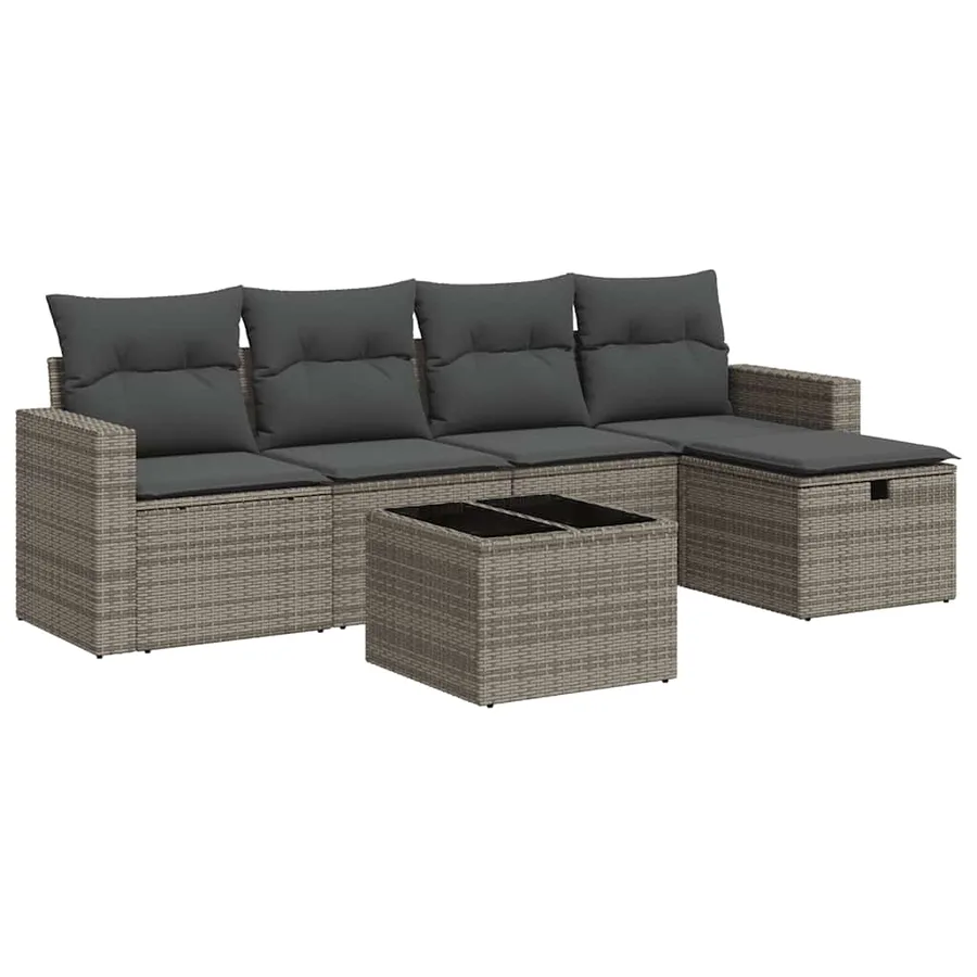 Salon de jardin 6 pcs avec coussins gris résine tressée - 2