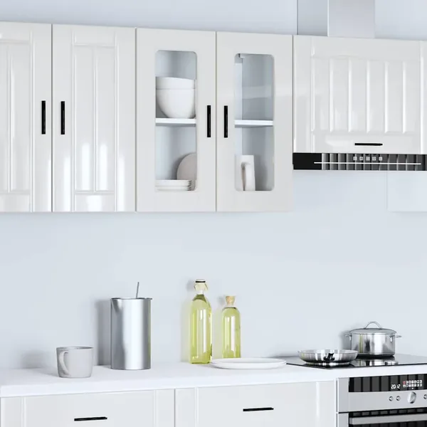 Armoire murale cuisine avec porte en verre Porto blanc brillant
