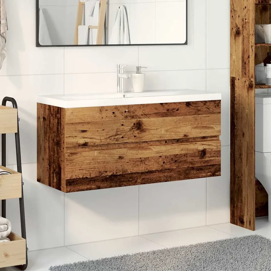 Armoire lavabo avec bassin intégré vieux bois - 3