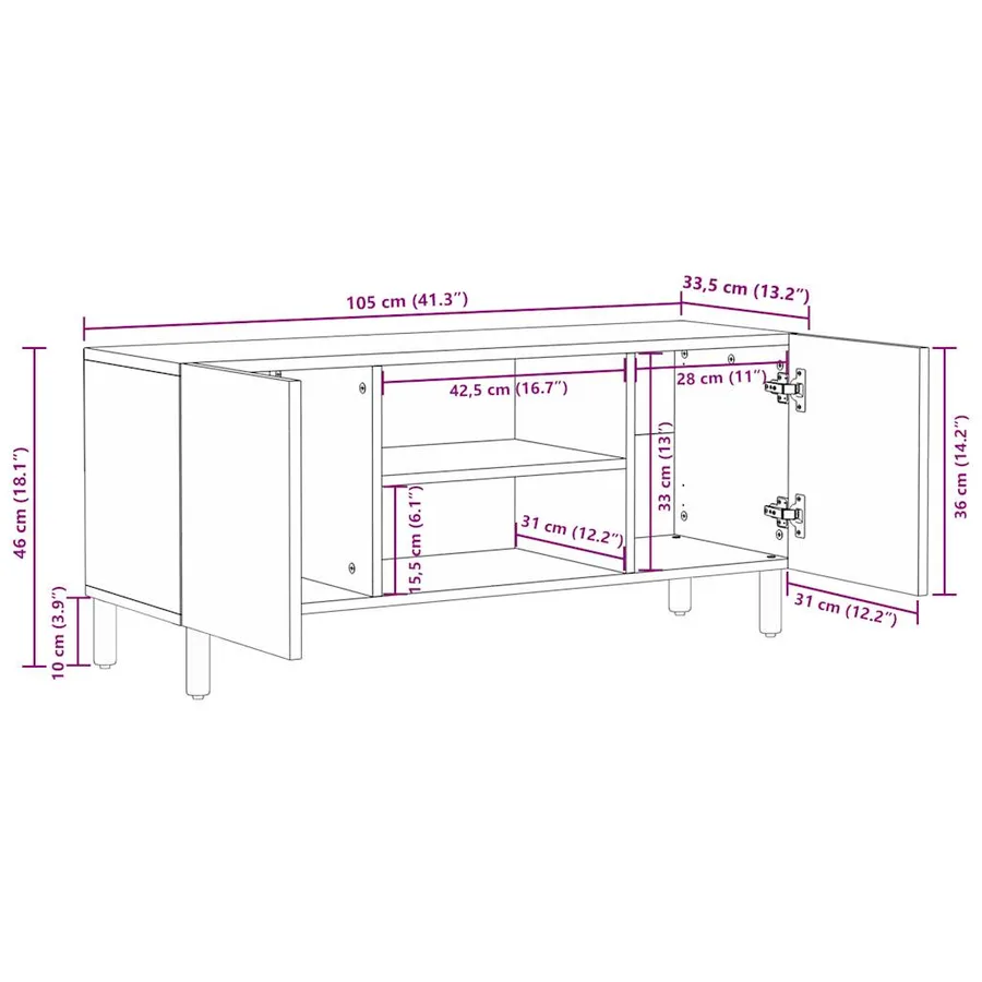 Meuble TV noir 105x33,5x46 cm bois massif manguier brut - 11