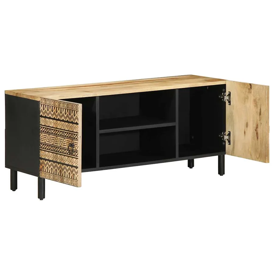 Meuble TV noir 105x33,5x46 cm bois massif manguier brut - 2