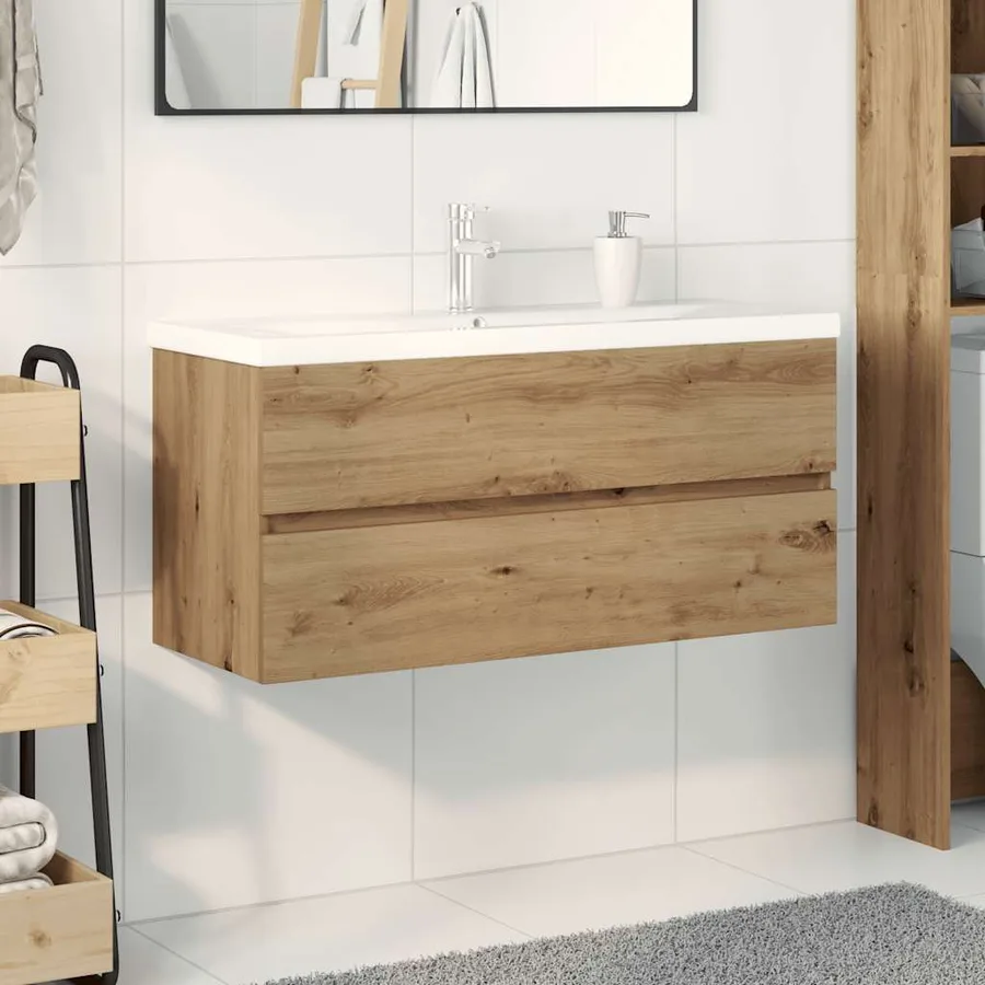 Meuble lavabo avec bassin et robinet intégrés chêne artisanal - 3