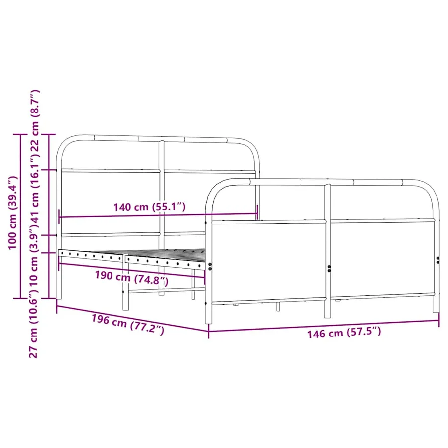 Cadre de lit en métal sans matelas chêne fumé 140x190 cm - 9