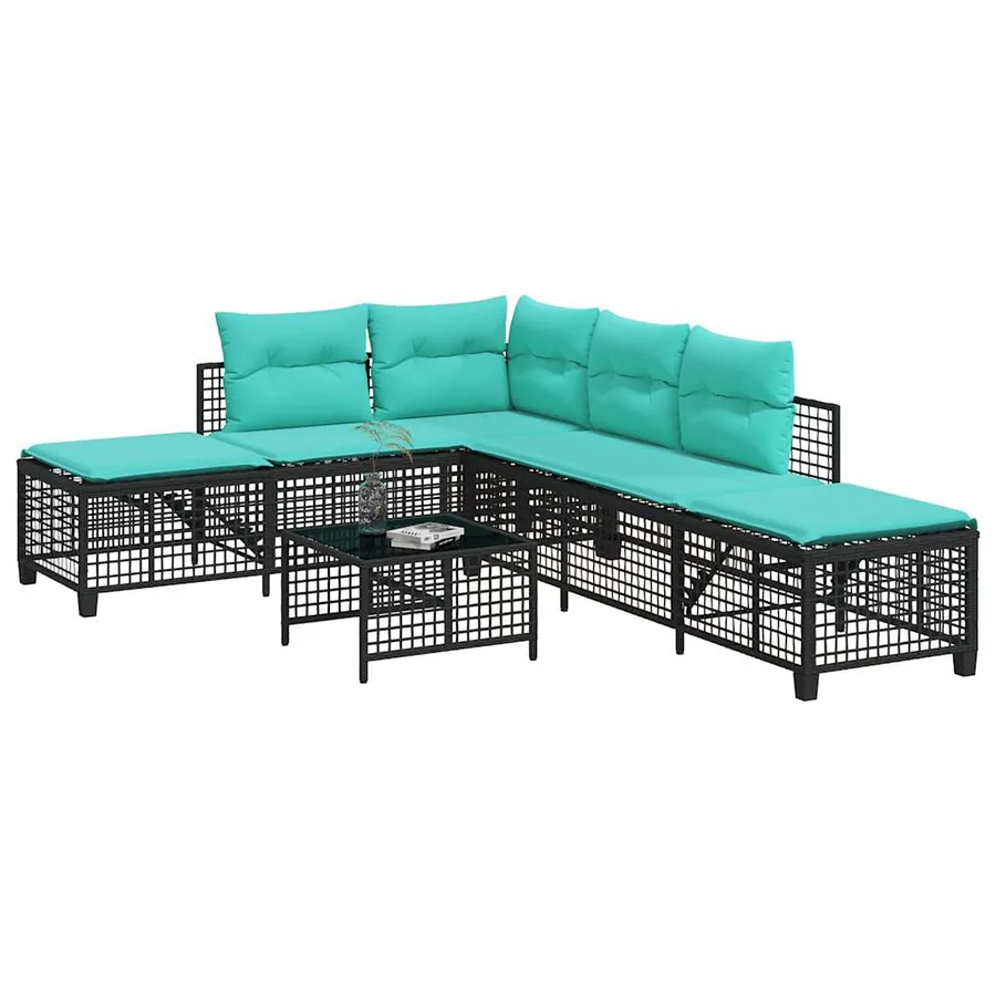 Ensemble de canapé d'angle de jardin 3 pcs avec coussins noir résine tressée