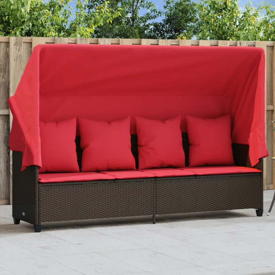 Chaise longue avec auvent et coussins marron résine tressée