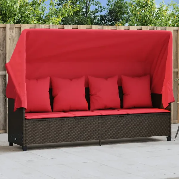 Chaise longue avec auvent et coussins marron résine tressée