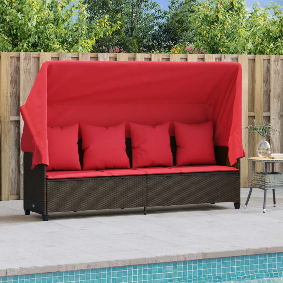 Chaise longue avec auvent et coussins marron résine tressée - 3