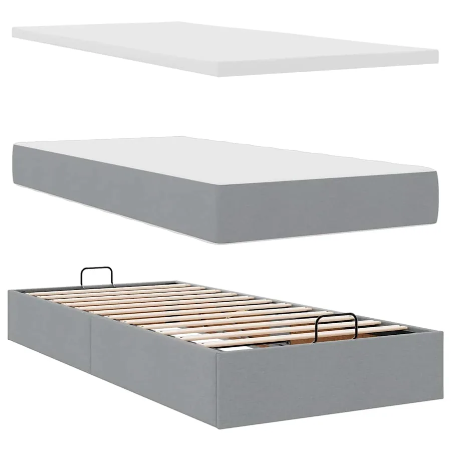 Cadre de lit ottoman et matelas gris clair 200x200cm tissu - 8