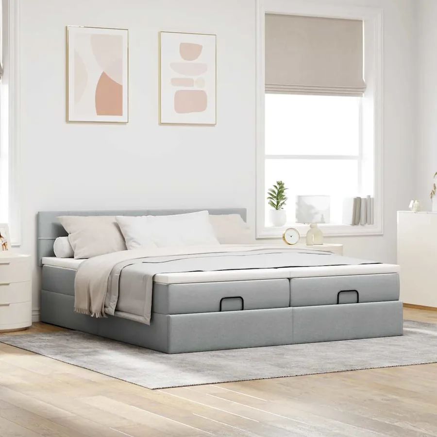Cadre de lit ottoman et matelas gris clair 200x200cm tissu - 3