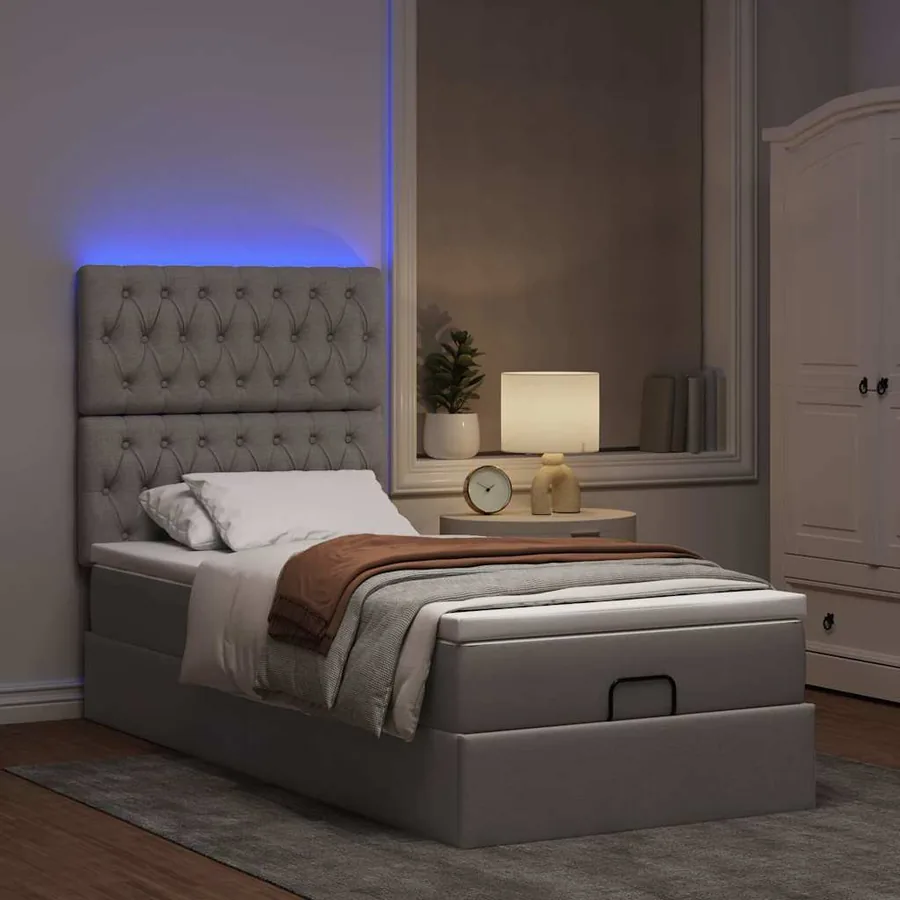Lit ottoman avec matelas et LED taupe 90x200 cm tissu - 2