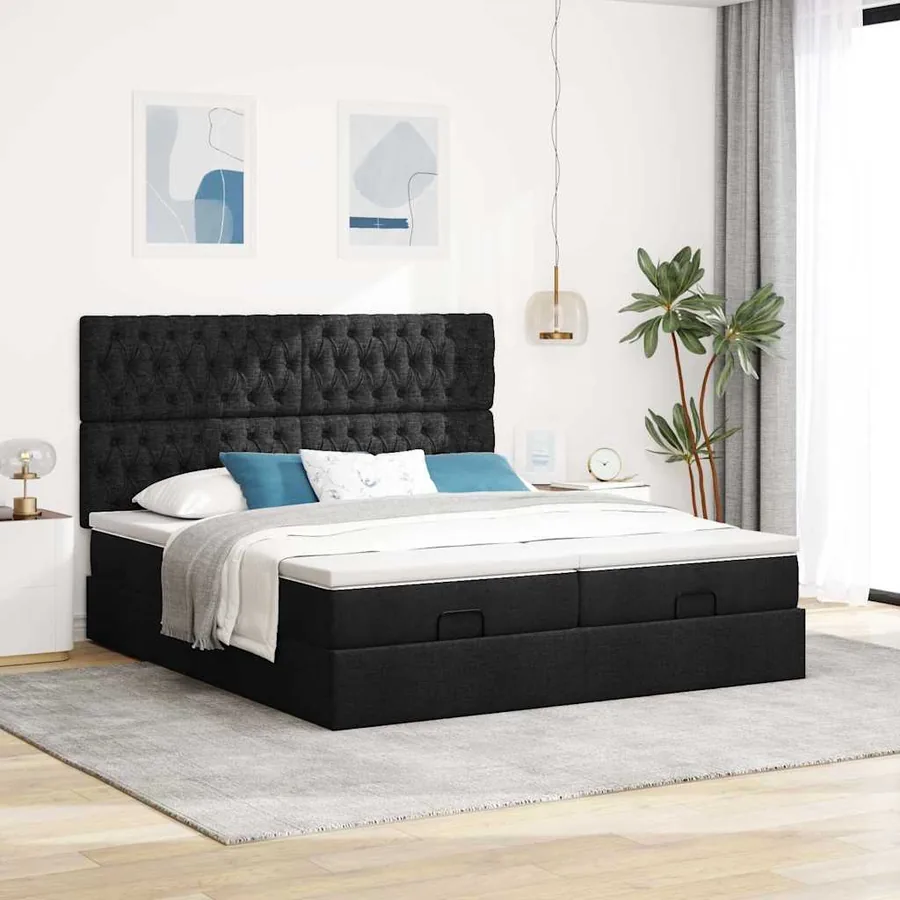 Cadre de lit ottoman avec matelas noir 180x200cm tissu - 3