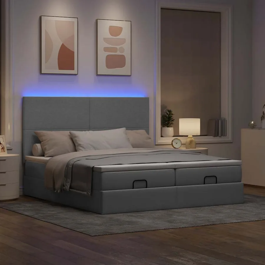 Cadre de lit ottoman et matelas gris clair 200x200cm tissu - 3