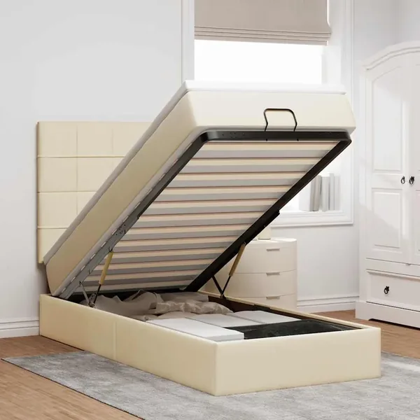 Lit ottoman avec matelas et LED crème 90x200 cm tissu