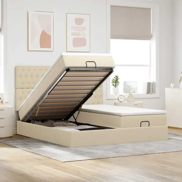 Cadre de lit ottoman avec matelas crème 180x200 cm tissu