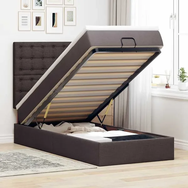 Lit ottoman avec matelas et LED marron foncé 90x200 cm tissu