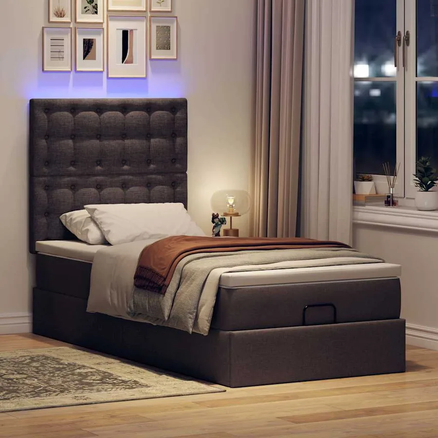 Lit ottoman avec matelas et LED marron foncé 90x200 cm tissu - 3