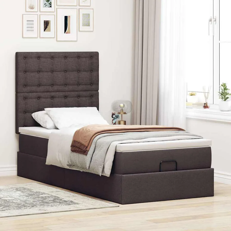 Lit ottoman avec matelas et LED marron foncé 90x200 cm tissu - 4