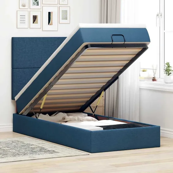 Lit ottoman avec matelas et LED Bleu 90x200 cm Tissu