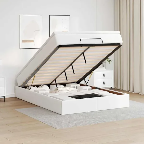Cadre de lit ottoman avec matelas blanc 140x200 cm similicuir