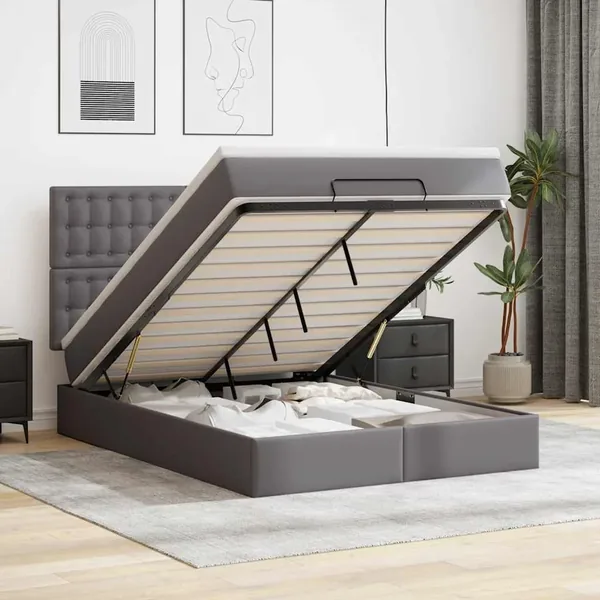 Cadre de lit ottoman avec matelas gris 140x200 cm similicuir