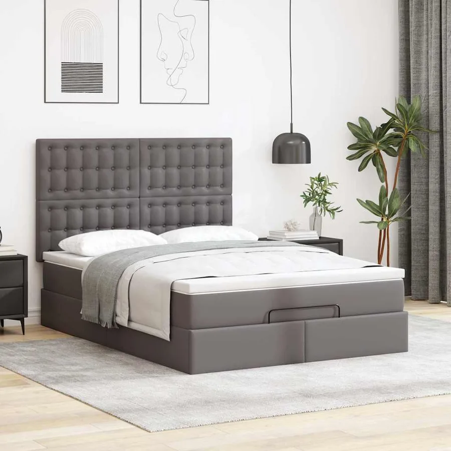Cadre de lit ottoman avec matelas gris 140x200 cm similicuir - 4