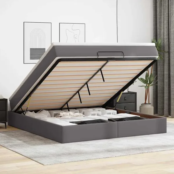 Cadre de lit ottoman avec matelas gris 160x200 cm similicuir