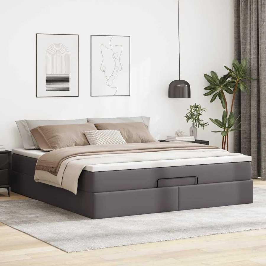 Cadre de lit ottoman avec matelas gris 160x200 cm similicuir - 3