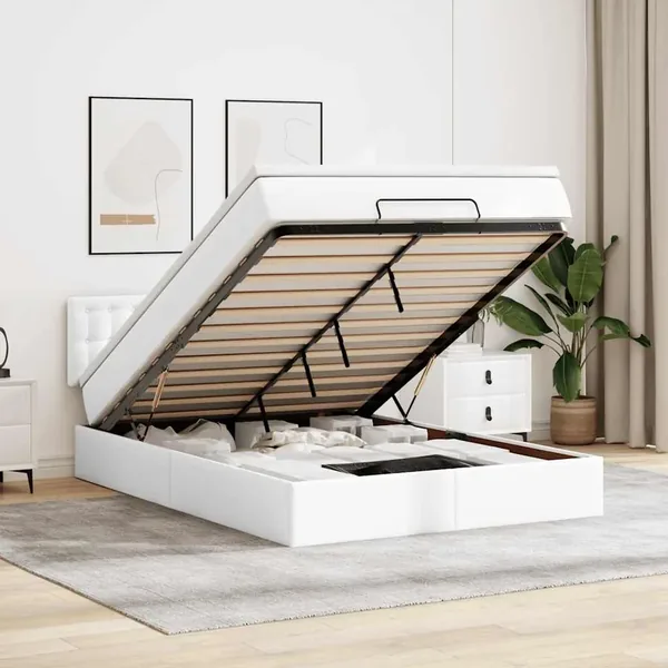 Cadre de lit ottoman avec matelas blanc 140x190 cm similicuir